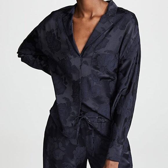 Vince Floral Jacquard Pajama Popover Top Coastal Navy Blue Medium - Picture 1 of 8